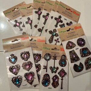 Jewel Themed Puffy Stickers (10 Packs) Crosses, Locks, Hearts (NEW)